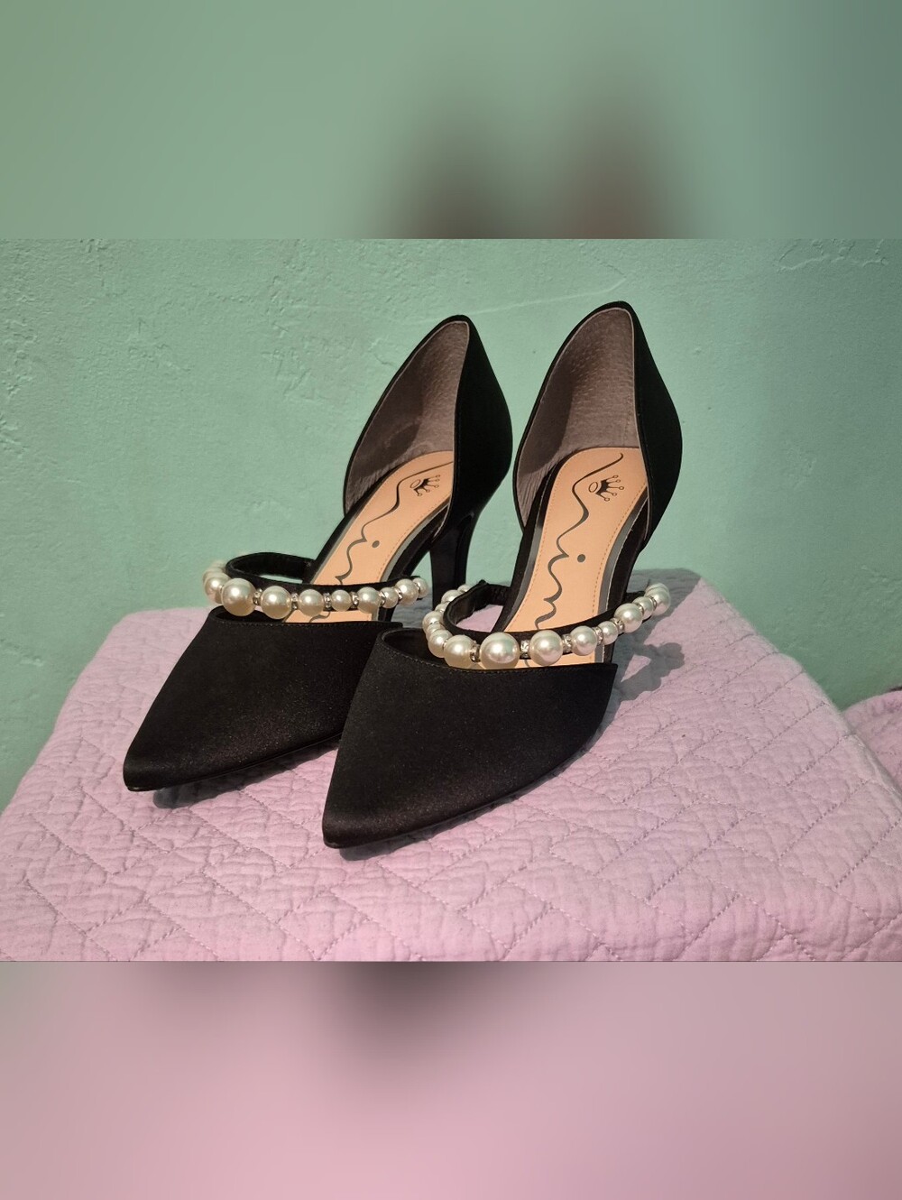 Nina Blair Black Satin Mid-Heel Pumps Size 7.5